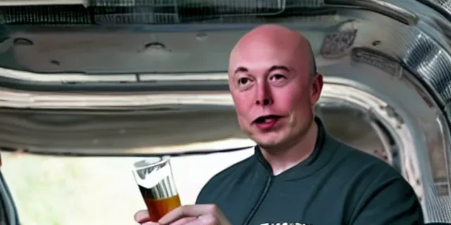 Image similar to bald elon musk in a tracksuit drinking beer in filthy trailer, by ken loach