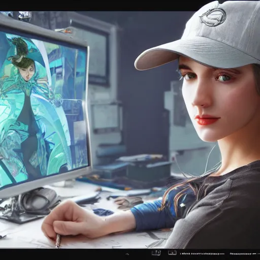 Prompt: a computer graphics artist with a ballcap in a messy room at the computer animating, ultra realistic, concept art, intricate details, serious, highly detailed, photorealistic, octane render, 8 k, unreal engine. art by artgerm and greg rutk owski and alphonse mucha