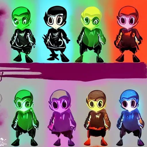 Prompt: character design sheets for a new sinister vampire squid character, artwork in the style of splatoon from nintendo, art by tim schafer from double fine studios, black light, neon, spray paint, punk outfit, tall thin toothpick like frame adult character, fully clothed, gothic, color explosion, colorful, gothic rainbow, sparkles and glitter, pop art