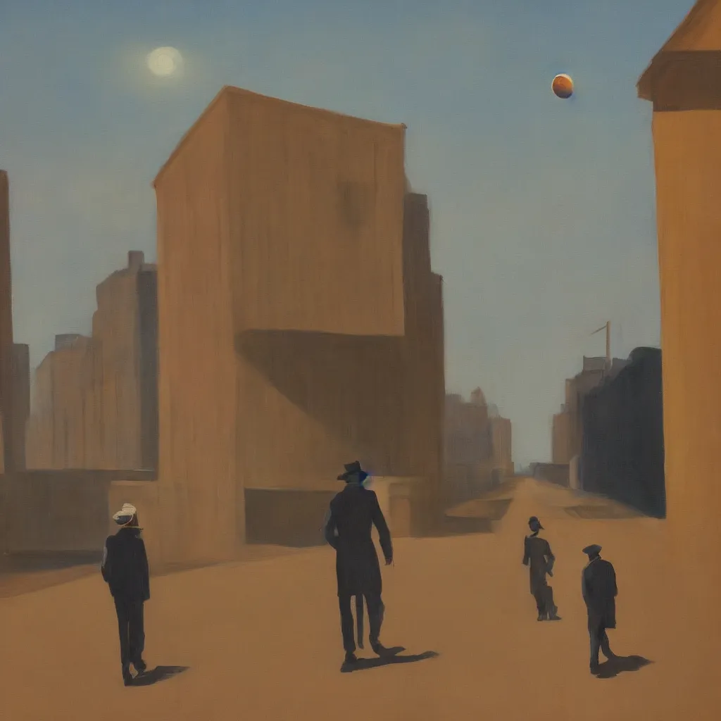 Image similar to a painting of a man walking down a lonely street on another planet and the sky is the universe, the head of the man is a skull, he is wearing a trenchcoat, in the style of edward hopper, 4 k,