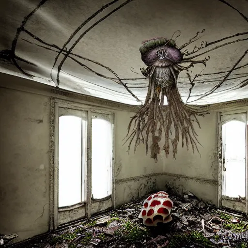Prompt: inside the abandoned house, scary Mushrooms by david stoupakis