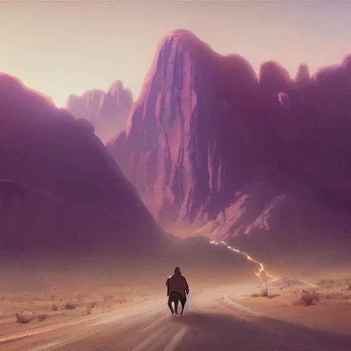 Prompt: kayne west traveling through the desert, painting by Greg Rutkowski, at dawn