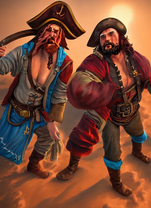 Image similar to an epic fantasy comic book style portrait painting of two bumbling idiot one - piece pirates on the deck of a skyship looking at a chest, unreal 5, daz, hyperrealistic, octane render, cosplay, rpg portrait, dynamic lighting, very detailed faces