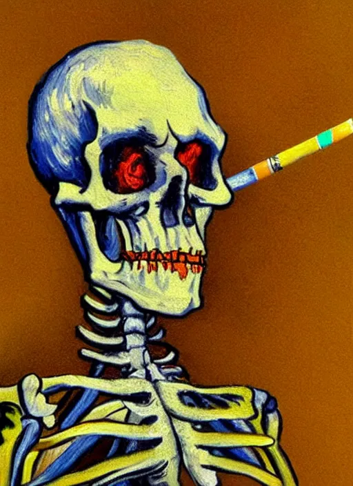 Image similar to a painted portrait of a rainbow skeleton smoking a cigarrette, by Vincent Van Gogh, artstation trending