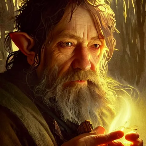 Image similar to A hobbit smoking meth, ultra realistic, concept art, intricate details, eerie, highly detailed, photorealistic, octane render, 8k, unreal engine, art by artgerm and greg rutkowski and alphonse mucha