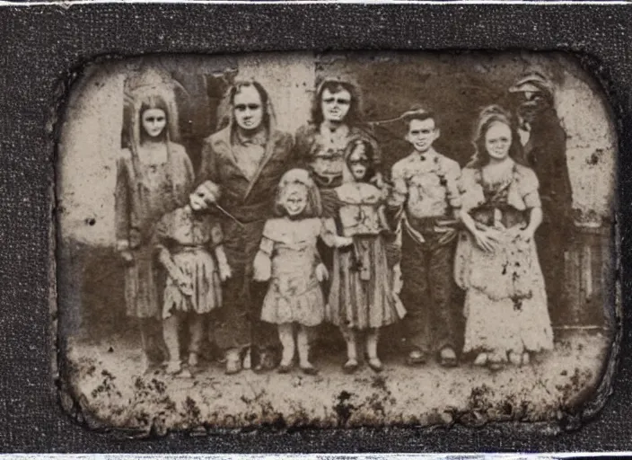 Prompt: vintage photograph monochrome plate, monstrous costomed family of ghastly people posing with grotesque lovecraftian god monsters, distressed old photo, deteriorating, grunge, antique, slight sepia tone, horror, madness