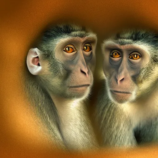 Prompt: two macaques looking at each other inside ancient cave, digital art, soft shadows, creepy art, flare effect