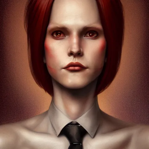 Image similar to portrait of a beautiful nonbinary model with tan skin and messy short red hair wearing a men's suit, elf ears and copper eyes, by Gerald Brom and Ross Tran, hyper-realistic, soft lighting, 4K, trending on artstation