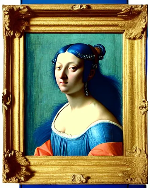 Image similar to portrait of a woman with a beauty mask and neon blue hair, wearing a white t-shirt, standing in front of the mirror in her room, intricate details, high detail, in a renaissance style, super-flat, in the style of Jean Auguste Dominique Ingres, James Jean, punk