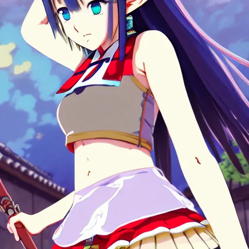 Image similar to a beautiful boyish zelda alluring gravure model, wearing japanese school girl outfit with mayan pattern and native style, modern aztec street fashion, perfect anime face, gapmoe yandere grimdark, trending on pixiv fanbox, painted by greg rutkowski makoto shinkai takashi takeuchi studio ghibli, akihiko yoshida