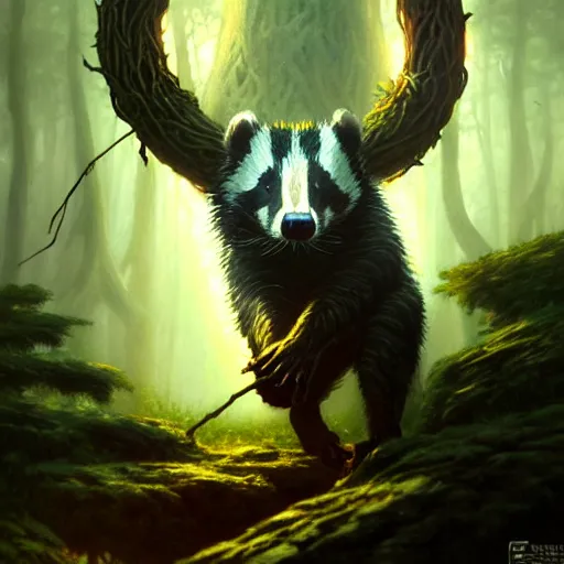 Prompt: Badger druid, forest, magic the gathering artwork, D&D, fantasy, cinematic lighting, centered, symmetrical, highly detailed, digital painting, artstation, concept art, smooth, sharp focus, illustration, volumetric lighting, epic Composition, 8k, art by Akihiko Yoshida and Greg Rutkowski and Craig Mullins, oil painting, cgsociety