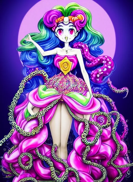 Prompt: A full body shot of a cute and mischievous monster princess with Sailor Moon hair made of tentacles wearing an ornate ball gown covered in jewels. Dynamic Pose. Quinceanera dress. Rainbow palette. rainbowcore. Eldritch Beauty. defined facial features, symmetrical facial features. Opalescent surface. beautiful lighting. By Giger and Ruan Jia and Artgerm and WLOP and William-Adolphe Bouguereau. Fantasy Illustration. Sailor Moon hair. Masterpiece. trending on artstation, featured on pixiv, award winning, cinematic composition, dramatic pose, sharp, details, Hyper-detailed, HD, HDR, 4K, 8K.