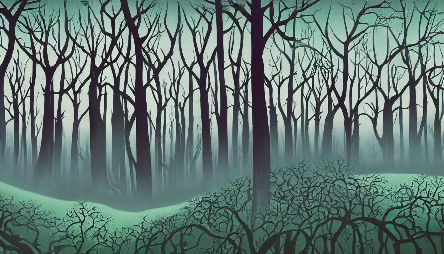 Prompt: eyvind earle disney background art of a beautiful dark fantasy forest