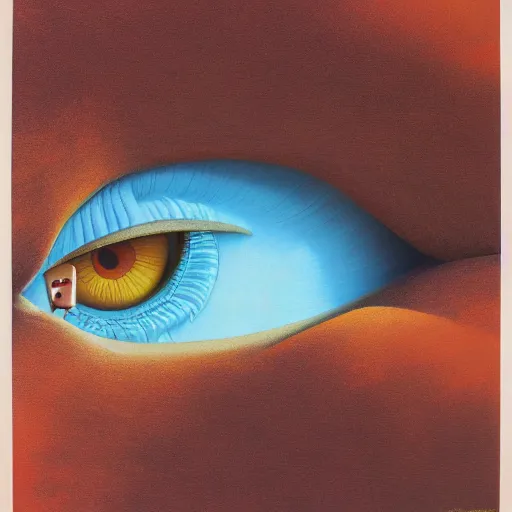 Prompt: Her eyes wide by Roger Dean, oil on canvas