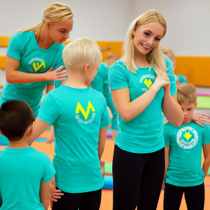 Prompt: blonde ymca gymnastics coach with aquamarine green t shirt with y logo on it teaching kids gymnastics, high detail, good lighting