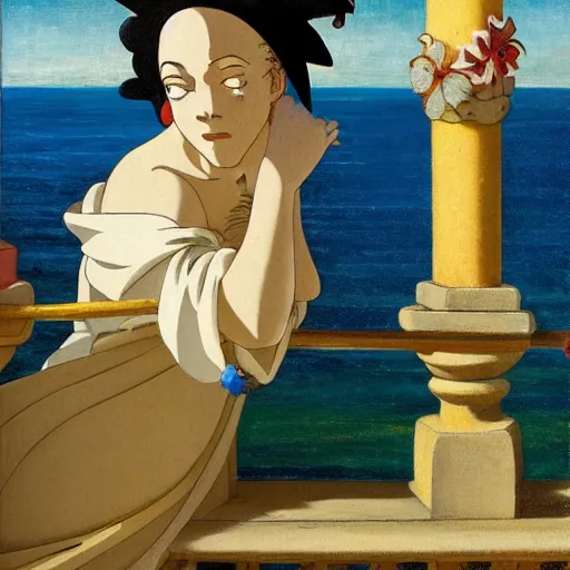 Image similar to A jester on the front of a Balustrade with a beach on the background, a colab between studio ghibli and paul delaroche