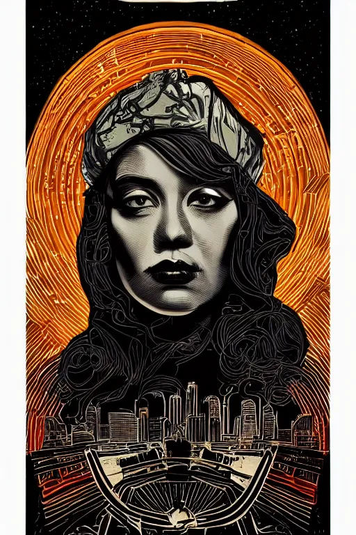 Image similar to black gold stylized mafia queen portrait, grunge art, dan mumford, victo ngai, alena aenami