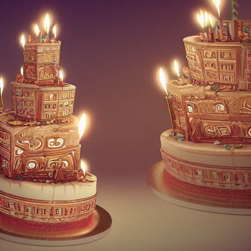 Image similar to epic view of a giant birthday cake with lit candles, cake, candles, 4 k, hyperdetailed, hyperrealistic, trending on artstation, ornate, elegant, dramatic lighting