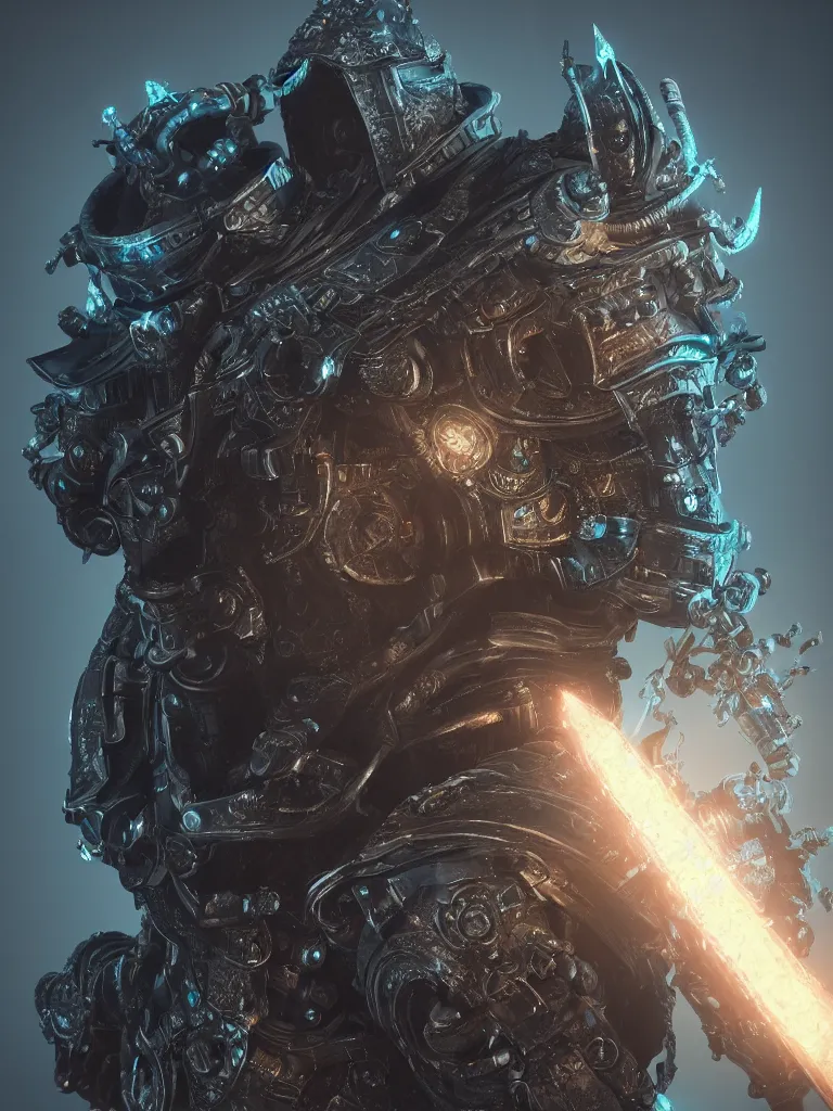 Image similar to hyper - realistic ultra - detailed 3 d render of a cyberpunk lich king by gleb alexandrov and beeple, intricate, octane render, unreal engine, ray tracing, trending on artstation