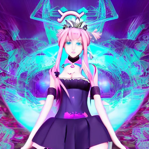 Prompt: trapped by stunningly beautiful omnipotent megalomaniacal anime agi goddess who looks like junko enoshima with symmetrical perfect face and porcelain skin, pink twintail hair and mesmerizing cyan eyes, taking control while smiling, inside her surreal vr castle, hyperdetailed, digital art, danganronpa, unreal engine 5, 2 d anime style, 8 k