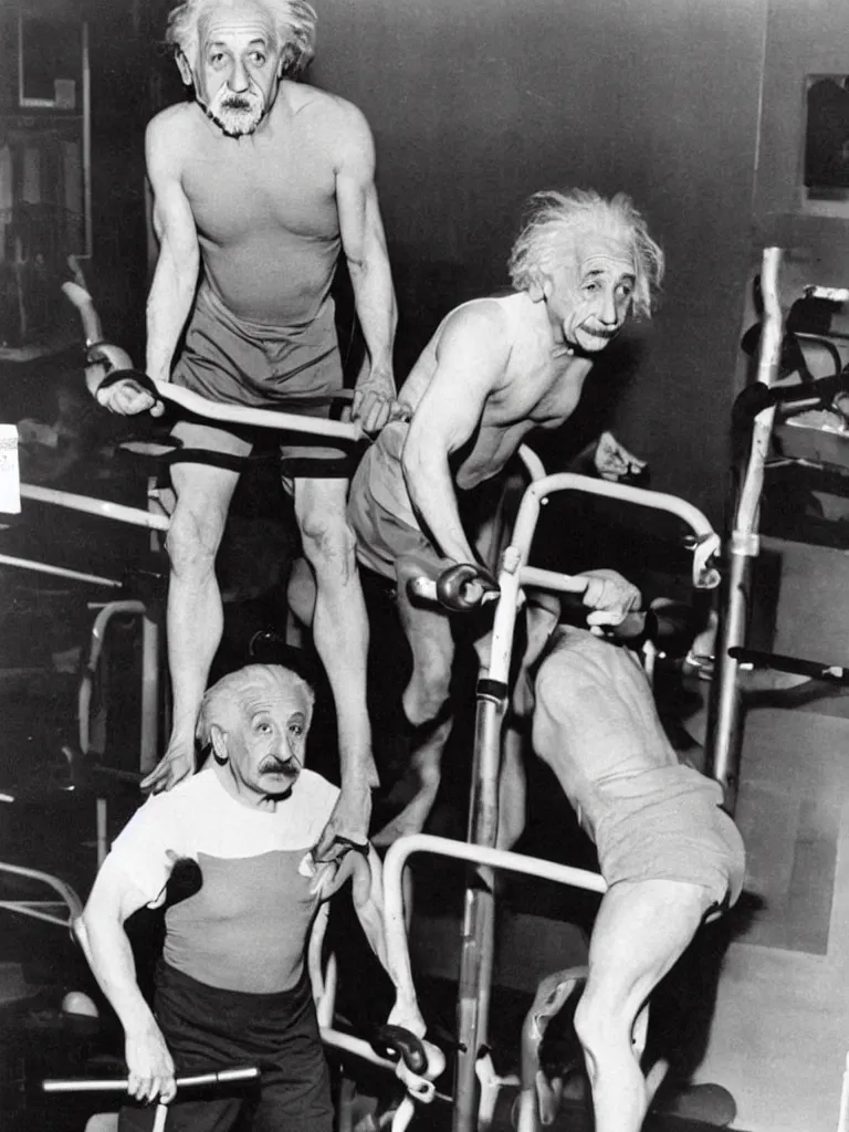 Prompt: Albert Einstein working out at the gym,