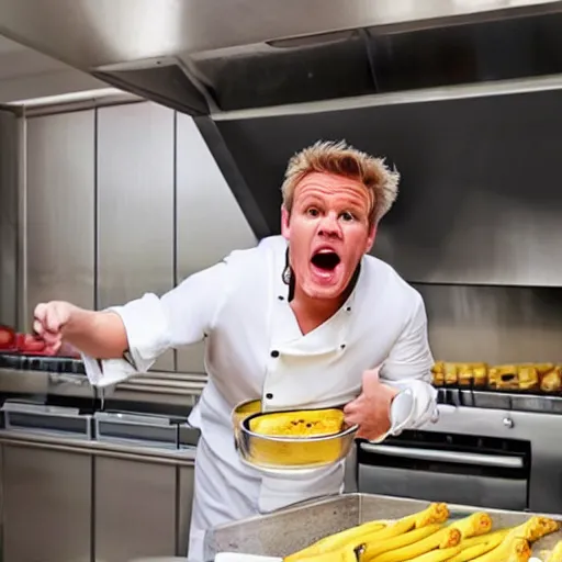 Prompt: Gordon Ramsey screaming at bananas in pyjamas in the kitchen