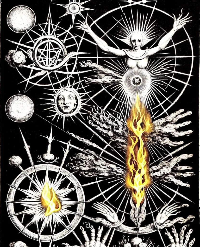 Image similar to alchemical fiery creature sings a unique canto about'as above so below'being ignited by the spirit of haeckel and robert fludd, breakthrough is iminent, glory be to the magic within