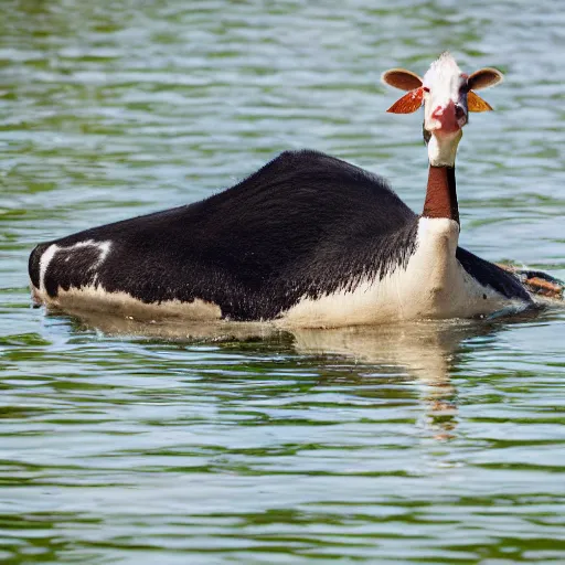 Prompt: a hybrid cow goose quacking at people