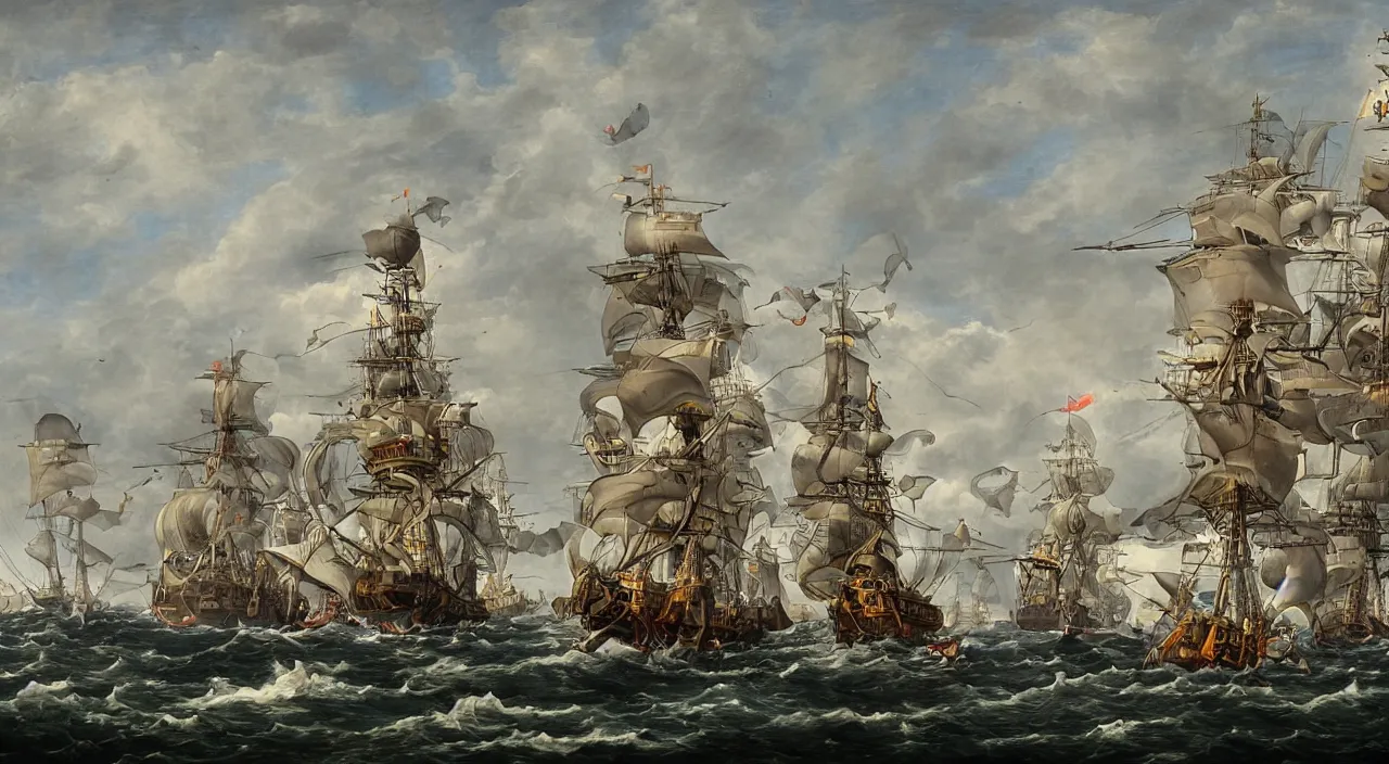 Image similar to pirate ship battling against a royal navy warship, art, high detail, high definition,