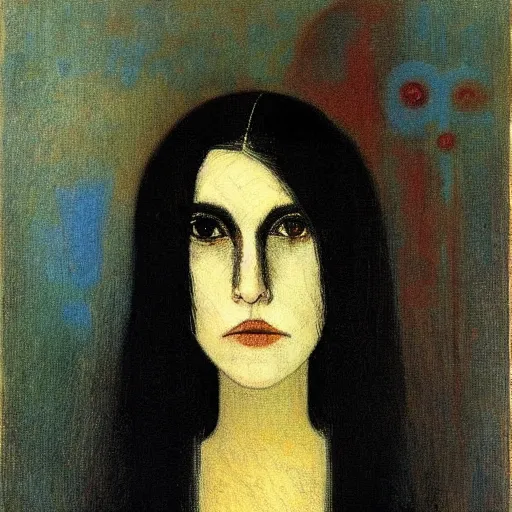 Prompt: gothic woman with big dark eyes, thick eyebrows and long hair by Odilon Redon