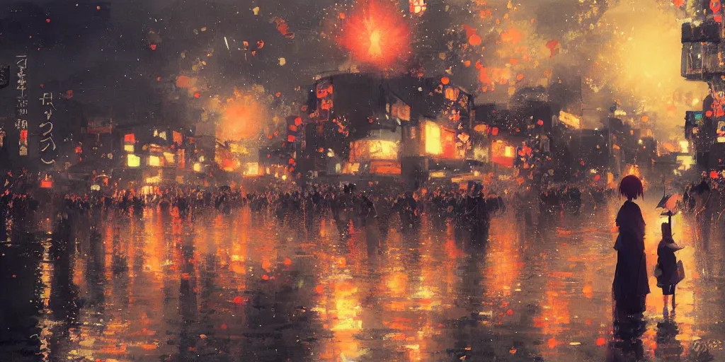 Image similar to anime kyoto animation key by greg rutkowski night, fireworks festival, kimono