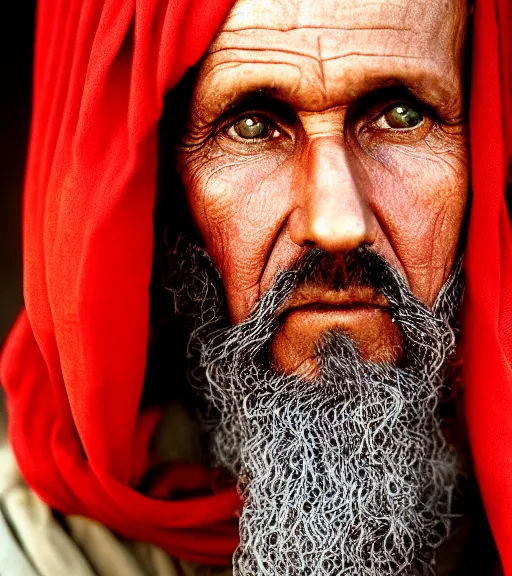 Prompt: portrait of president calvin coolidge as afghan man, green eyes and red scarf looking intently, photograph by steve mccurry