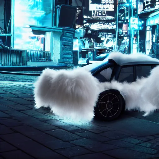 Prompt: a fluffy roadster covered with white fur and looked like a cat, parking in the street, Cyberpunk, neon light, front view, 4k, hd, highly detailed