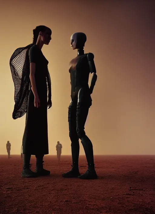 Image similar to cinestill 5 0 d photographic portrait by steve mccurry of two loving female androids wearing rugged black mesh techwear on a desolate plain with a red sky, extreme closeup, cyberpunk style, dust storm, 8 k, hd, high resolution, 3 5 mm, f / 3 2, ultra realistic faces, ex machina, blade runner