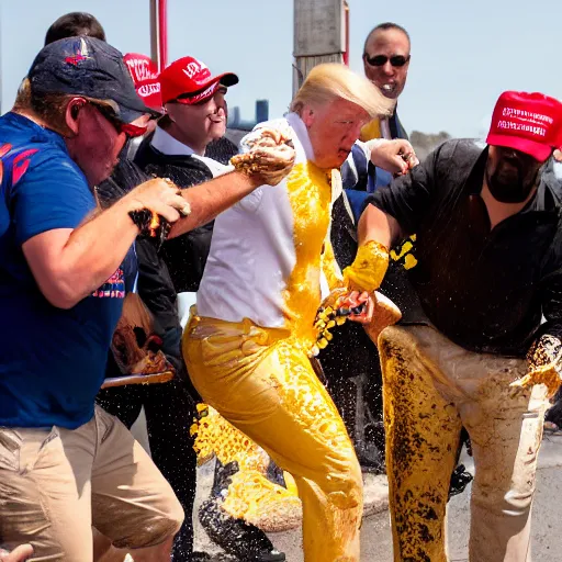 Image similar to donald trump hitting people with pudding, pudding stained clothes, golden hour, boardwalk