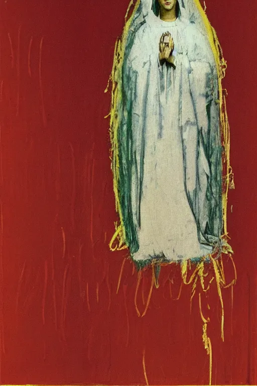 Image similar to virgin mary of lourdes painted by cy twombly and andy warhol