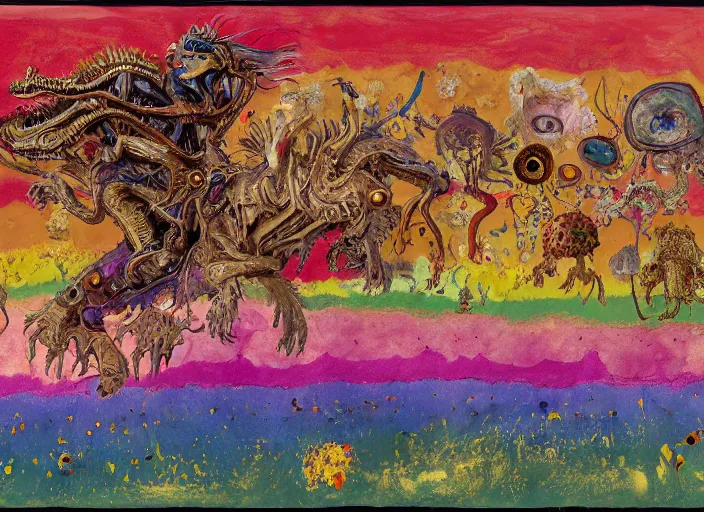 Prompt: expressionistic decollage painting golden armor alien zombie horseman riding on a crystal bone dragon broken rainbow diamond maggot horse in a blossoming meadow full of colorful mushrooms and golden foil toad blobs in a golden sunset, distant forest horizon, painted by Mark Rothko, Helen Frankenthaler, Danny Fox and Hilma af Klint, microsoft paint art, semiabstract, color field painting, byzantine art, jpeg compression artifact, pop art look, naive, outsider art, buff painting. Barnett Newman painting, part by Philip Guston and Frank Stella art by Adrian Ghenie, 8k, extreme detail, intricate detail, masterpiece