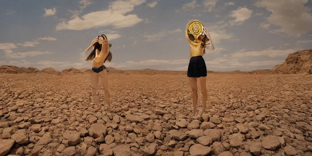 Image similar to levitating woman with full - face golden mask in a dry rocky desert landscape, visible sky and sunny atmosphere, floating rocks, flying rocks and fata morgana and giant square mirrors by alejandro jodorowsky, anamorphic lens, kodakchrome, practical effects, masterpiece, 8 k