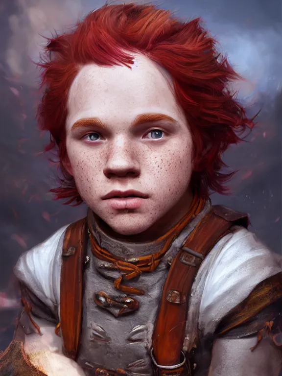 Image similar to portrait art of red - haired halfling bard 2 1 year old man!! freckles!!, 8 k ultra realistic, atmosphere, glow, detailed, intricate, full of colour, cinematic lighting, trending on artstation, 4 k, hyperrealistic, focused, extreme details, unreal engine 5, cinematic, masterpiece