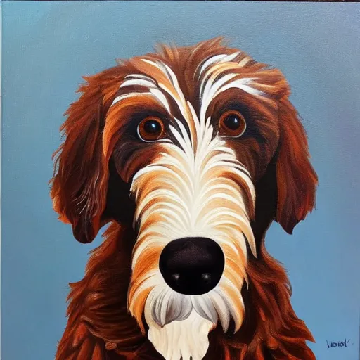 Prompt: a handsome portrait of an aussie doodle, oil on canvas, high budget