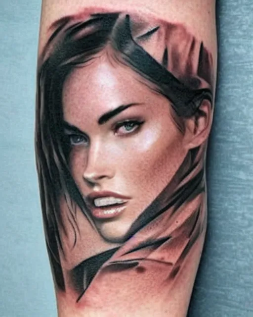 Image similar to creative double exposure effect tattoo design sketch of megan fox faded in beautiful mountain scenery, realism tattoo, in the style of matteo pasqualin, amazing detail, sharp