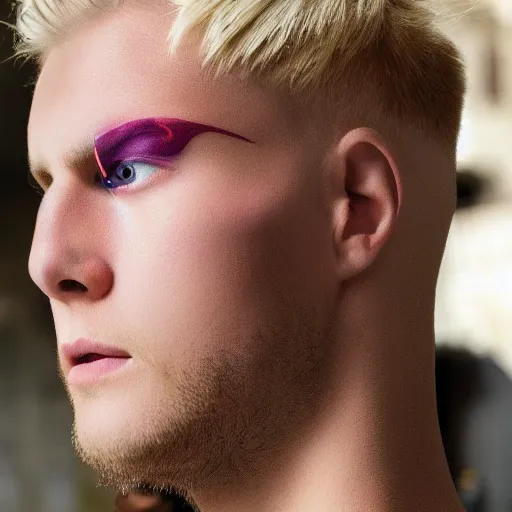 Prompt: a blond guy with a third eye forehead pearl