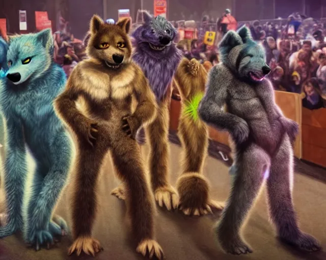 Image similar to high - resolution photograph from a nanopunk era furry fandom convention ( midwest furfest 2 0 4 7 ), taking place after the genetic revolution and singularity. photorealistic.