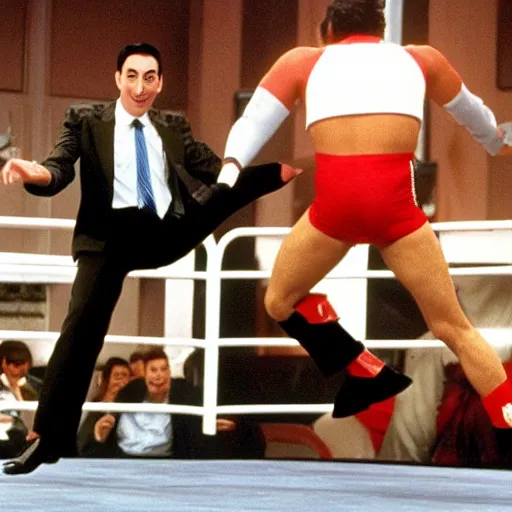 Prompt: Pee Wee Herman fights Mr Bean in WWE, 1990