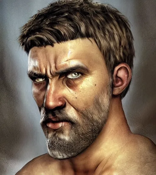 Image similar to portrait of muscular, tired and alcoholic 3 0 - year - ol 5 grieving man with short darkblonde hair, serious sad look in his eyes, looking down, dirty beard, blue eyes, crying tears, wearing dirty soldier uniform, on the desert, sad atmosphere, hyper realistic face, character art, art by mark brooks, cryengine, trending on artstation, digital art