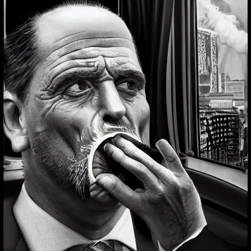 Image similar to Mr. House, realistic, highly detailed face, looks at the nuclear explosion, from the window of the Lucky 38 Casino, man smokes a cigar, ! holding in his Hand !, arm,cigarette advertising, hyperdetailed, artstation trending, ultra HD, artstation, photorealism, ultrarealistic, retro, 45mm, elegant,