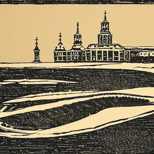 Image similar to linoprint of a salmon breaking ice on Neva river in Saint-Petersburg ex libris