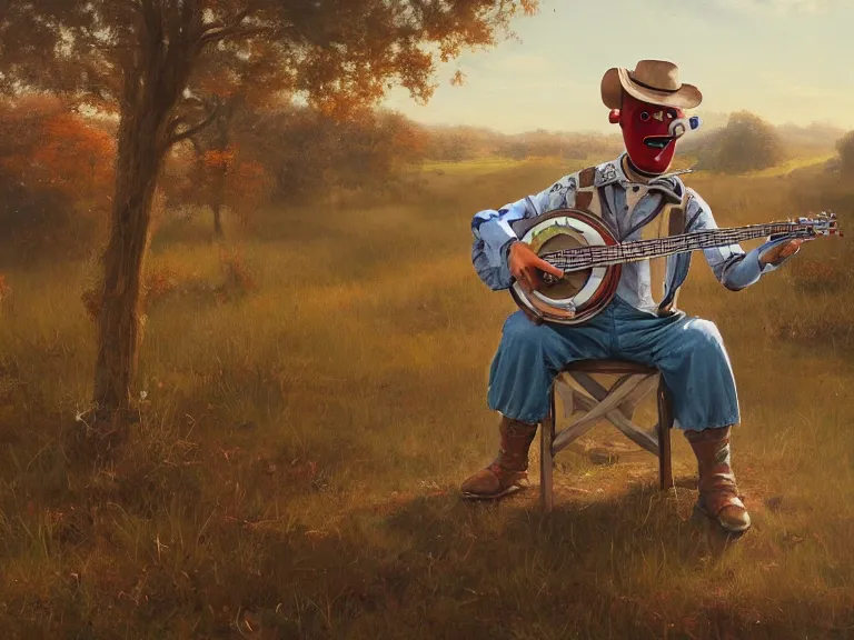 Prompt: painting of a country bumpkin robot playing a banjo, straw in his mouth, style of peter mohrbacher, high detail, hyper realistic, 8 k