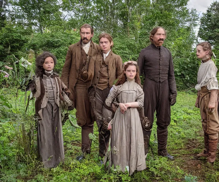 Prompt: still from a sci fi blockbuster movie made in 2022, set in 1860, of a family standing next to some strange wild alien plants and flowers, family are wearing 1850s era clothes, a humanoid alien standing nearby, in a park on a strange alien planet, good lighting, 4k, in focus faces, detailed faces, good photography, oscar winner, 35mm macro lens