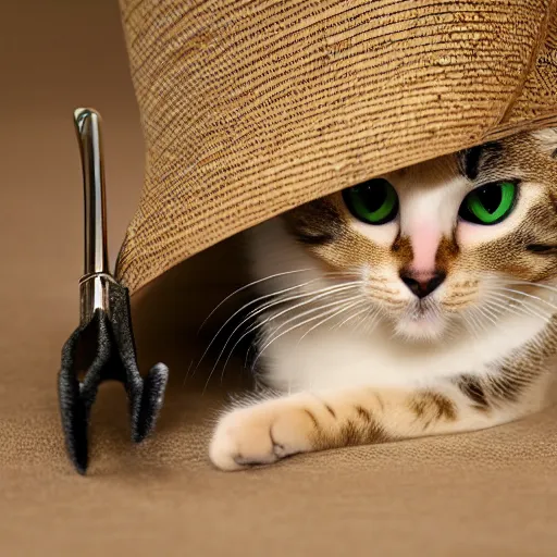 Prompt: cute cat with a straw hat and a pitchfork realistic 2 0 mm photo - n 9